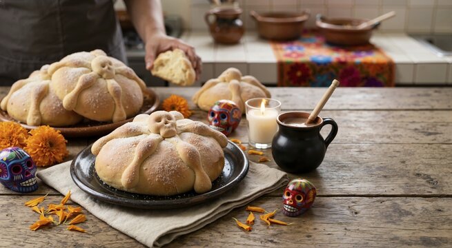Pan de muerto bread with bone decorations for Day of the Dead. Traditional Mexican sweet bread on a rustic table. Dia de los Muertos food offering with sugar skulls
