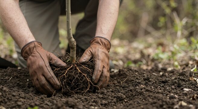 Close up of hands in leather gloves planting a tree sapling in dark soil. Exposed roots during planting. Earth Day theme
