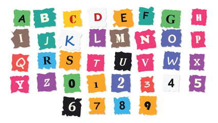 Fototapeta premium Ransom note alphabet and numbers, cut-out paper letters and digits on a white background, colorful torn paper scraps with typography