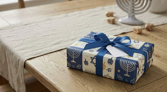 Gift wrapped in festive Hanukkah paper with a blue ribbon and blank tag. Holiday present on a wooden table with copy space