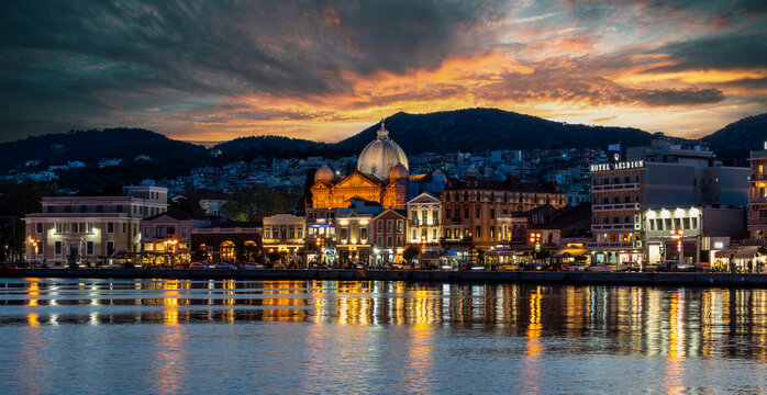 Lesvos Island, Greece - April 14, 2022 : Mytilene City night view from sea in Lesvos Island. Mytilene is the biggest city in Lesvos Island.