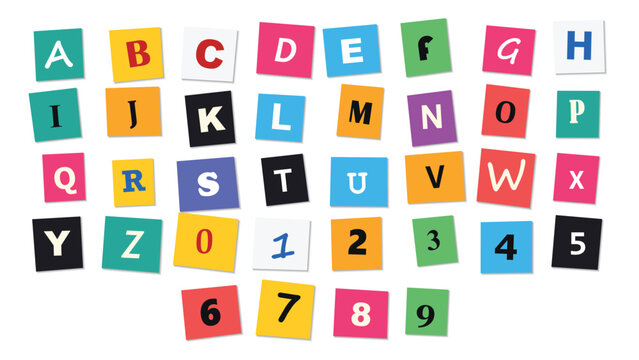 Ransom note style alphabet and numbers, cut-out paper letters and digits in various colors arranged on a plain white background