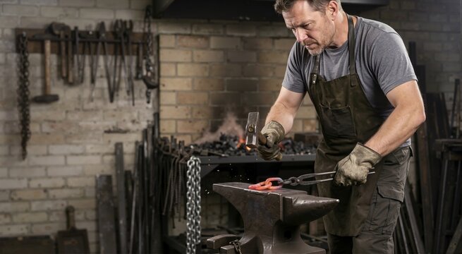 Male blacksmith hammering a glowing red hot metal chain link on an anvil. Skilled craftsman forging iron with tongs and a hammer in a traditional workshop