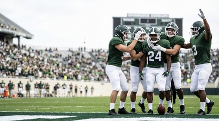 Fototapeta premium College football players in green uniforms celebrating a touchdown on the field. Team victory and success in the stadium