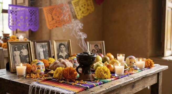 Smoke rising from an incense burner on a traditional Day of the Dead altar. Mexican ofrenda with marigolds, candles, and photographs
