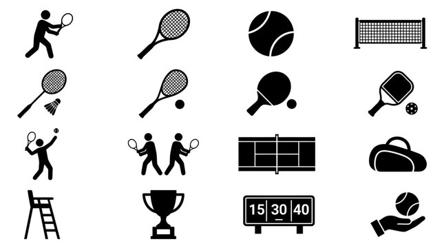 Flat icons illustrate tennis gameplay, equipment, and tournament elements including rackets, balls, nets, and scoreboards.