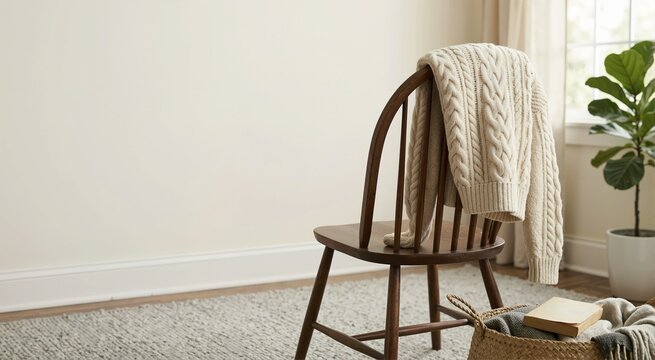 Cream knitted sweater draped over a wooden chair. Cozy home interior with a basket of blankets and ample copy space on a blank wall