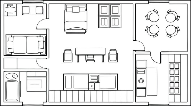 Architectural floor plan of a small apartment with furniture layout in black and white outline