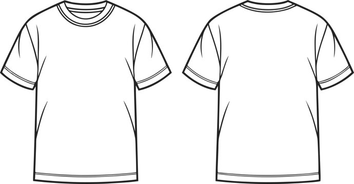 Front and back view of a basic short sleeve t-shirt technical flat on white background