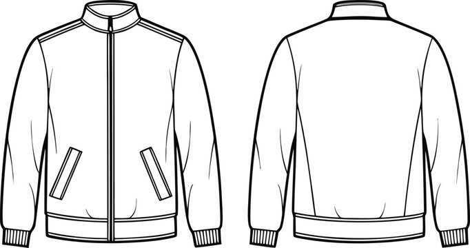 Technical fashion of a zip up track jacket with front and back views in outline format