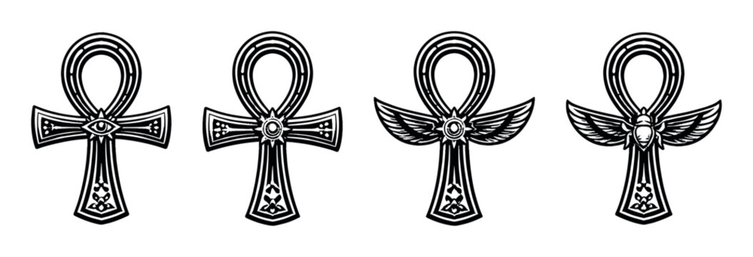 Collection of stylized Egyptian ankh symbols with intricate details and ancient motifs