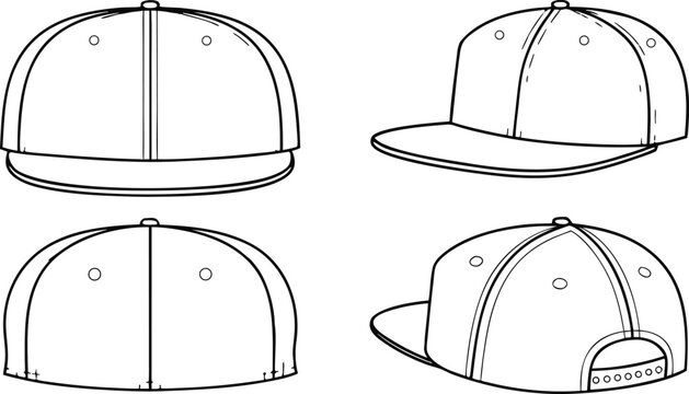 Technical flat of a baseball cap with snapback closure in four different perspectives