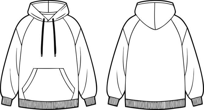 Technical line of a long sleeve hoodie with front pocket and hood on white background