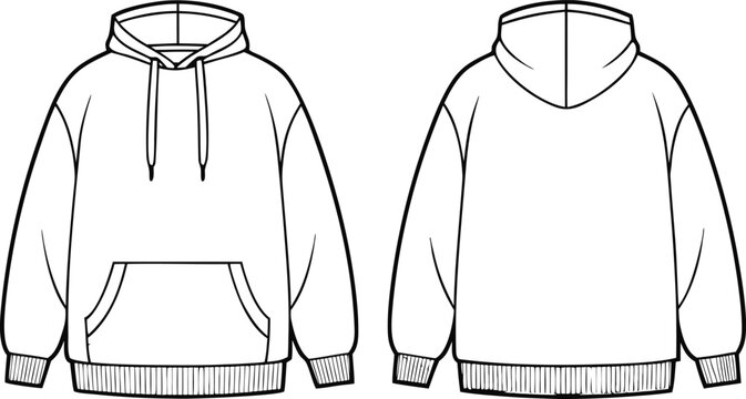 Technical fashion of a pullover hoodie with front and back views in simple outline style