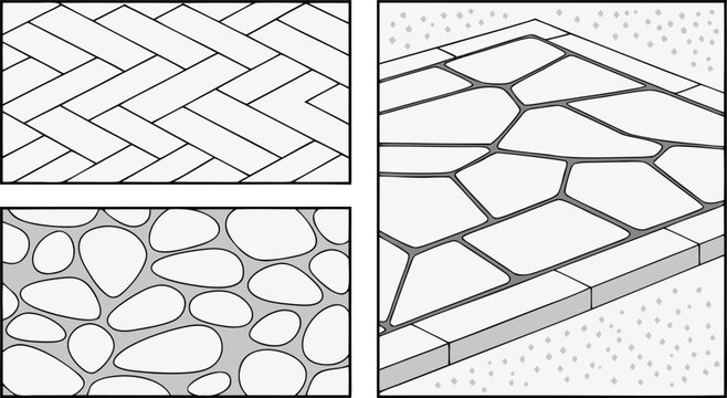 Three different types of paving patterns including herringbone stone and irregular flagstone