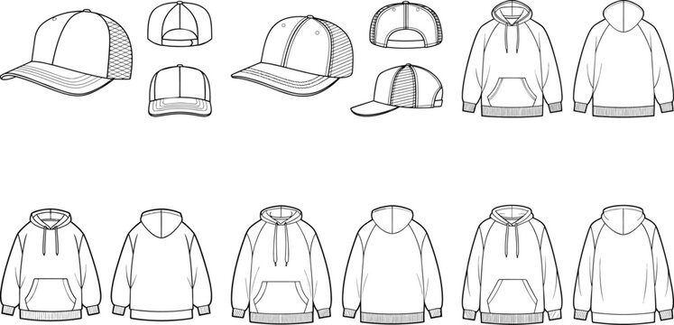 Set of technical fashion including trucker hats and hoodies in various angles and views