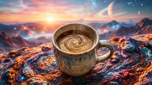 Coffee cup with milk swirl on a cosmic alien landscape at sunrise, sci-fi fantasy beverage concept for Coffee Day.