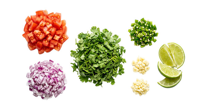 Fresh salsa ingredients, chopped tomato and red onion with cilantro. Diced jalapeno and garlic with lime wedges for mexican cooking. isolated PNG with Transparent Background