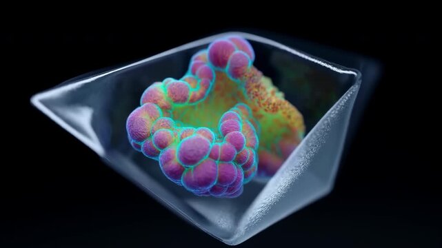 Glowing colorful cell-like cluster inside translucent glassy form, shown on dark background with diagonal perspective, soft rim light, glossy texture, and futuristic scientific mood