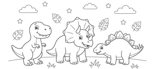 Fototapeta premium Cute cartoon dinosaurs including a t rex triceratops and stegosaurus in a playful black and white coloring page