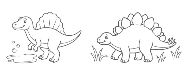 Cute cartoon stegosaurus dinosaurs standing in a grassy field black and white line art coloring page illustration © sumanavact