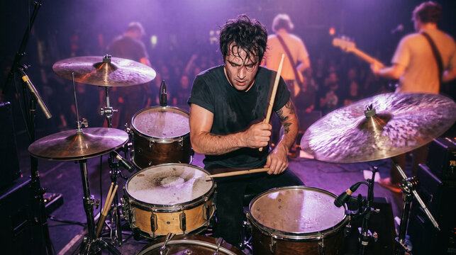Percussionist powers the space with cymbal movement under vibrant lighting