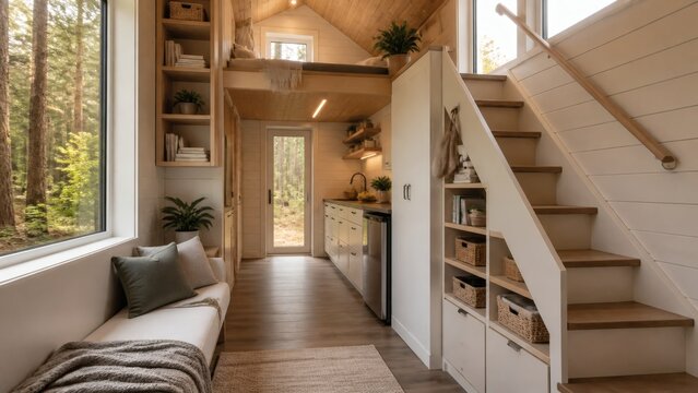 Warm tiny house interior with loft bed, staircase and forest view
