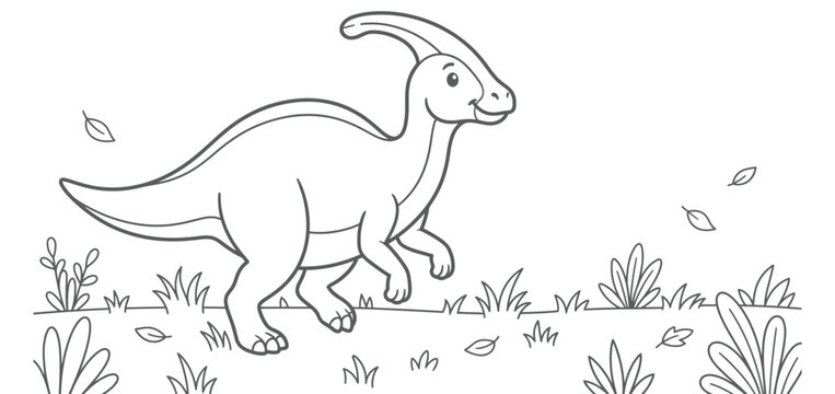 A simple black and white line art drawing of a cute parasaurolophus dinosaur walking in a grassy field