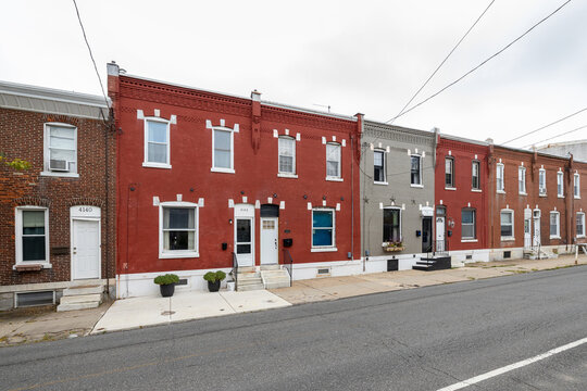 Red brick rowhouses on Manayunk Ave in the Philly neighborhood of Roxborough-Manayunk, Philadelphia, PA, USA