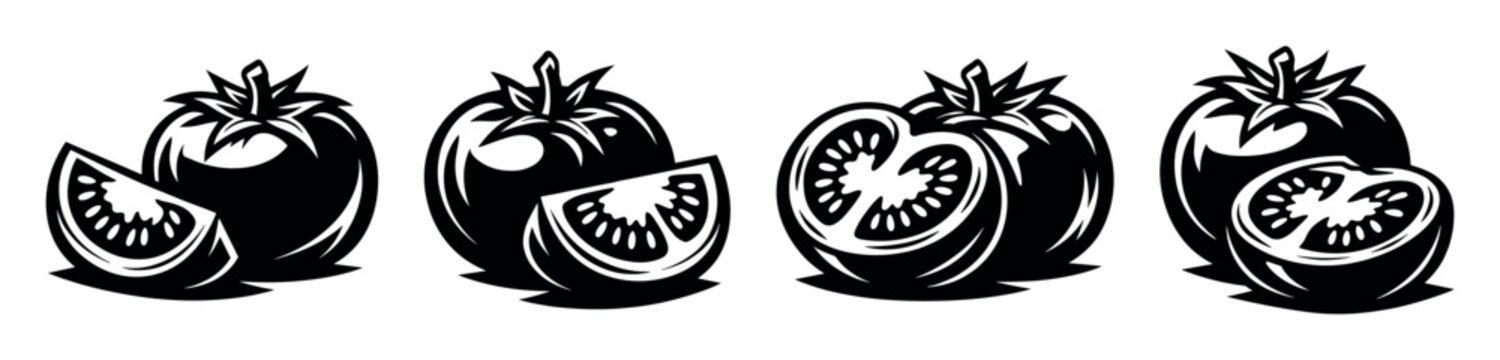 Stylized black and white illustrations of tomatoes and tomato slices