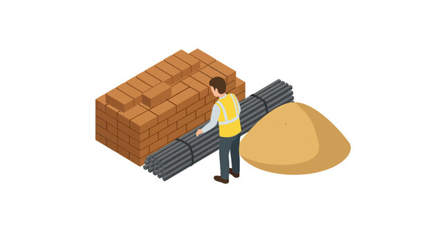 Isometric construction worker with bricks rebar and sand pile