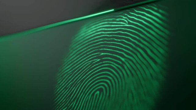 Glowing biometric fingerprint ridges in dark abstract close-up with vivid green diagonal light, strong contrast, soft blur, and sleek futuristic security mood for identity access concept