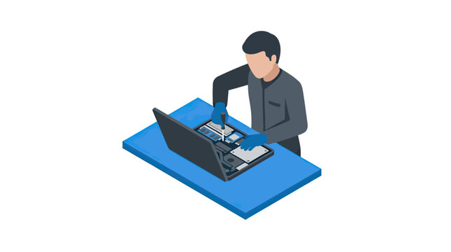 Isometric illustration of a technician repairing a laptop