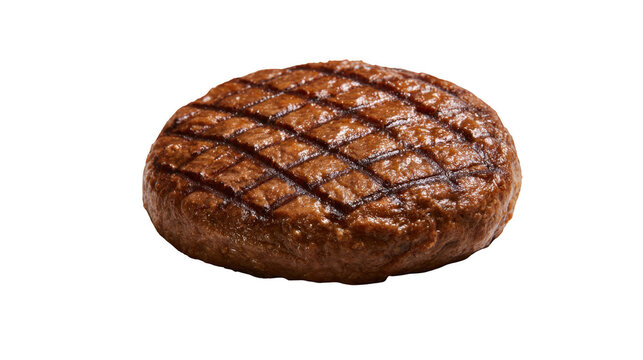 Juicy grilled beef burger patty with char marks isolated on a white background