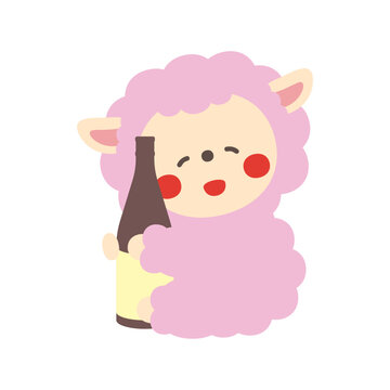 一升瓶を抱える酔っ払ったかわいい羊のキャラクターイラスト素材