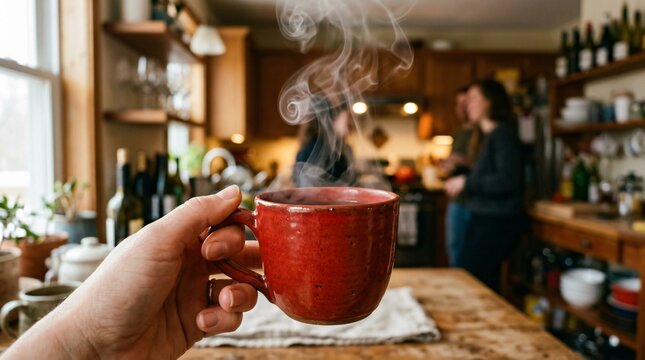 Steaming red mug of hot coffee held in a cozy rustic kitchen with friends socializing in the background, celebrating International Coffee Day.