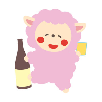 酒瓶とコップを持って歩くかわいい羊のキャラクターイラスト素材