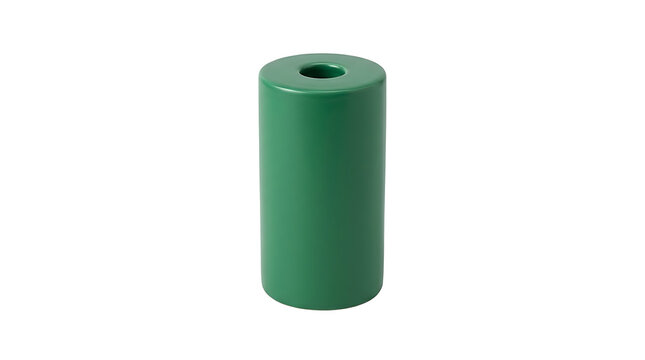 Solid green cylindrical wooden block with a central hole isolated on white background