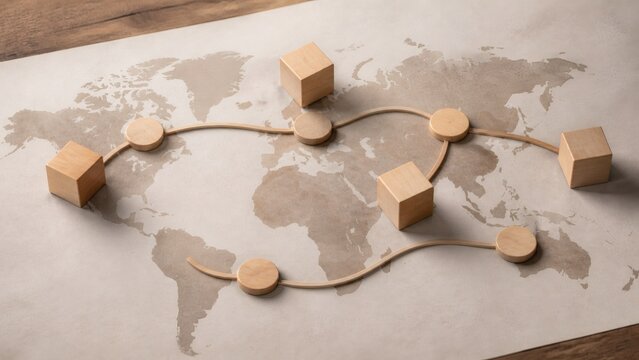 Global logistics network concept with wooden nodes connected across a world map