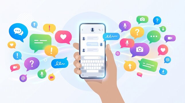 Concept illustration of digital communication via a hand holding a smartphone surrounded by various colorful speech bubbles and messaging icon