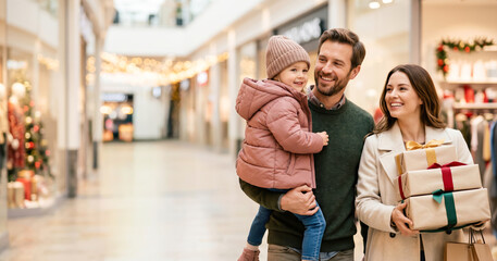Obraz premium A family is walking in a mall during the holiday season. The father carries a young girl while the mother holds several wrapped gifts. The scene shows festive decorations