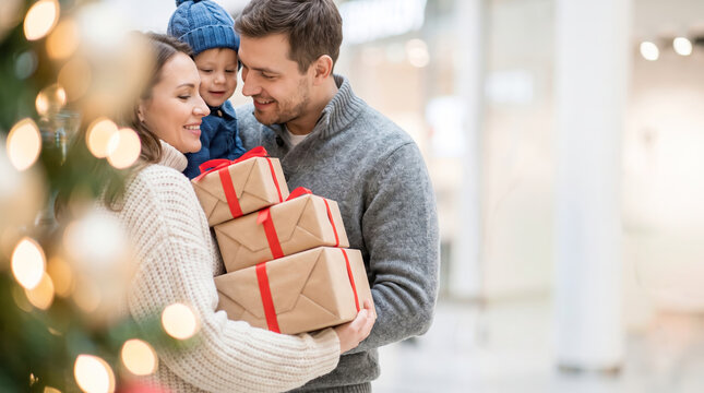 A mother and father hold wrapped gifts while their young child looks at them with joy. They are inside a mall decorated for Christmas