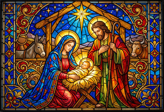 This scene depicts Mary and Joseph with baby Jesus in a stable. The background includes animals like a donkey and cow. The artwork is made from colorful stained glass