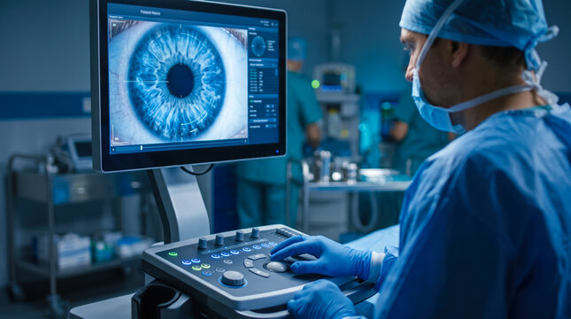 A medical professional is focused on an eye scan on a monitor in a hospital room. The staff prepares for the next patient in the background