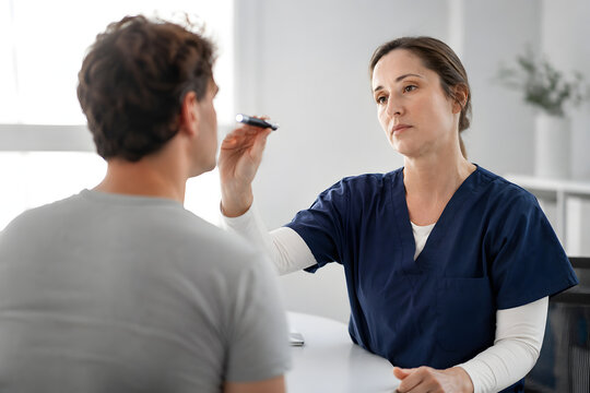 Healthcare professional performing a neurological eye reflex examination on an adult patient in a bright consultation room, highlighting attentive clinical care and clinician wellbeing.

