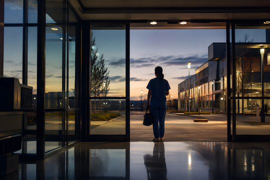 Healthcare professional arriving at a hospital before sunrise, standing at a glass entrance with work bag, symbolizing early shift, workforce pressure, resilience and dedication.
