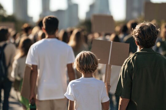 Back view of multigenerational family holding banners in city march