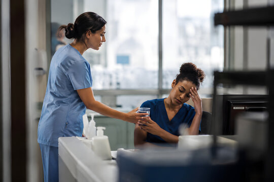 Exhausted healthcare worker receives water and compassionate support from a colleague at a hospital workstation, highlighting nursing burnout, workplace wellbeing and peer care.
