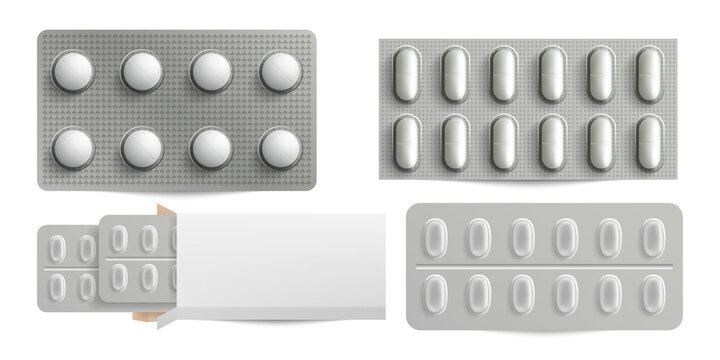 Pills and tablets in blister packs for medication transparent background