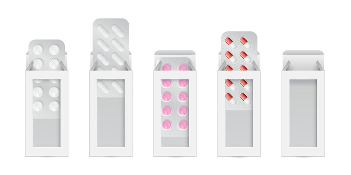 Five white pill boxes with different colored pills on transparent background